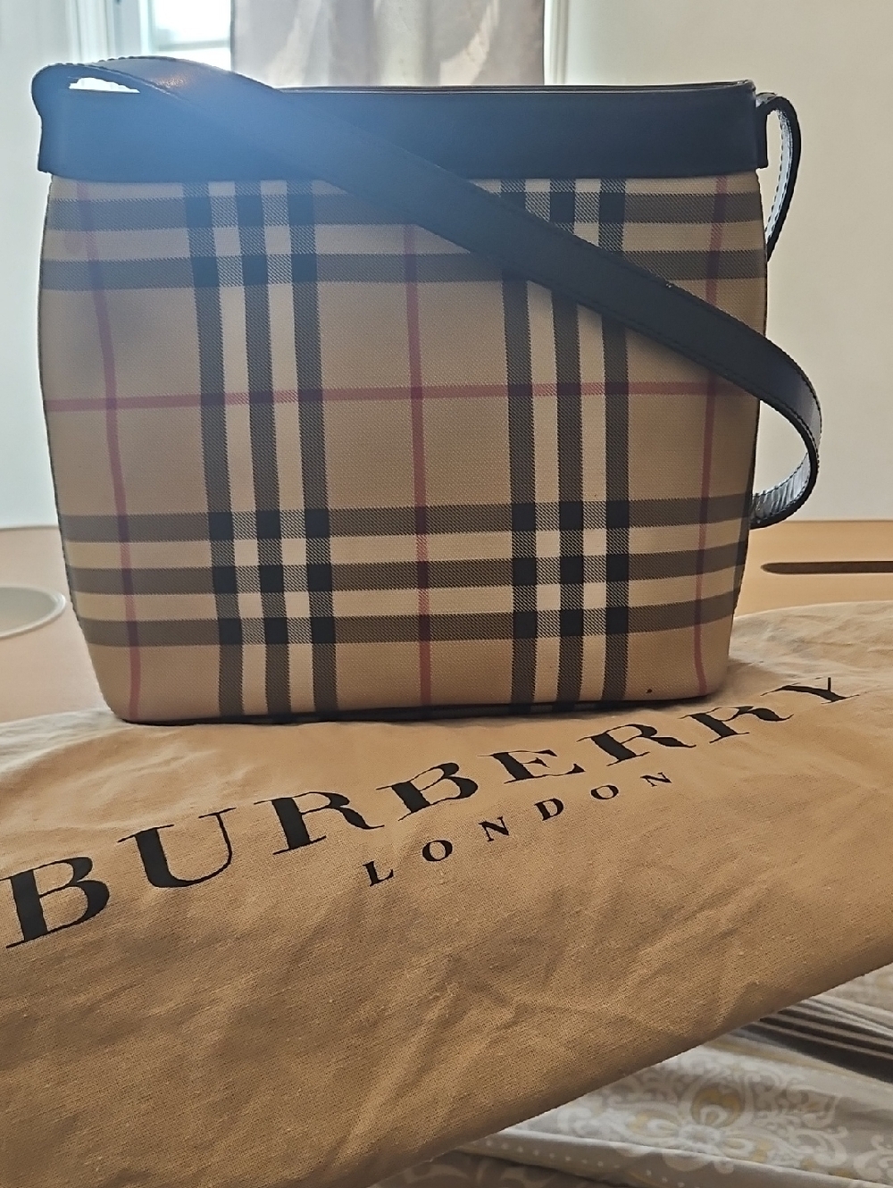Burberry Beige Nova Check TOTE with Black Leather Accent